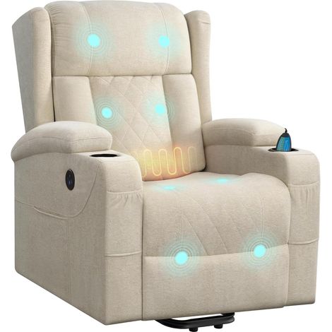 WOLTU Sillón reclinable eléctrico con masaje, tejido de rizo, con elevador, calefacción, reposapiés, bolsillos laterales, puerto USB y portavasos, beige