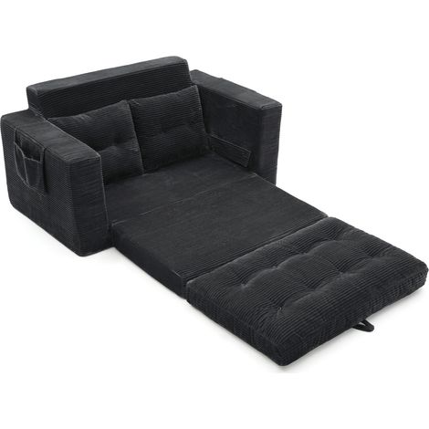Sofá cama biplaza de pana negra HOMVRA con bolsillos laterales y reposabrazos anchos (1/5)