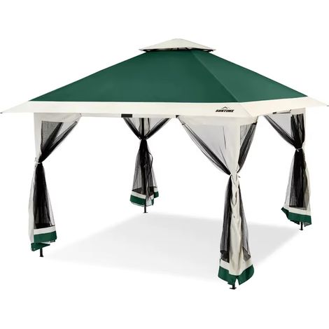 Tente pop-up, Tonnelle de jardin, Abri solaire, Pare-soleil avec moustiquaire, Auvent de terrasse avec moustiquaire et sac de transport (Vert, 396x396 cm) (1/5)