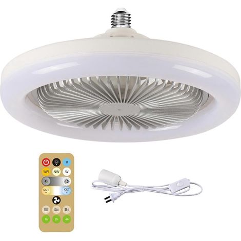 Ventilateur de plafond 2 en 1 avec éclairage LED E27 30 W, variateur, minuterie et télécommande (prise US), couleur argent.