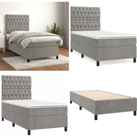 Cama box spring con colchón terciopelo gris claro 90x190 cm - Cama de muelles - Colchón de muelles