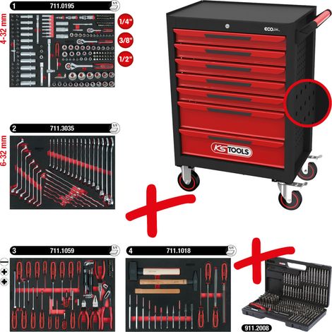 KS Tools ECOline Werkstattwagen SCHWARZ/ROT mit 7 Schubladen und 515 Premium-Werkzeugen