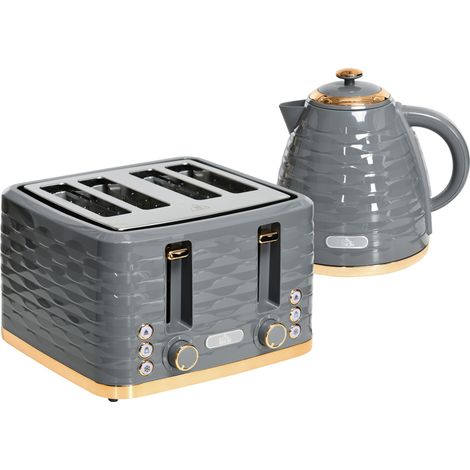 Kettle and Toaster Sets-3000W 1.7L Rapid Boil Kettle & 4 Slice Toaster with 7 Browning Controls-Defrost-Reheat and Crumb Tray-UK Otter thermostat-Grey (1/5)