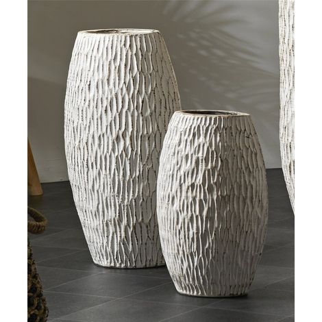 Vase en terre cuite Pleny Text. Blanc Morel. 60 cm. Lot de 2. Dimensions : 33 x 20 x 60 cm. (1/4)