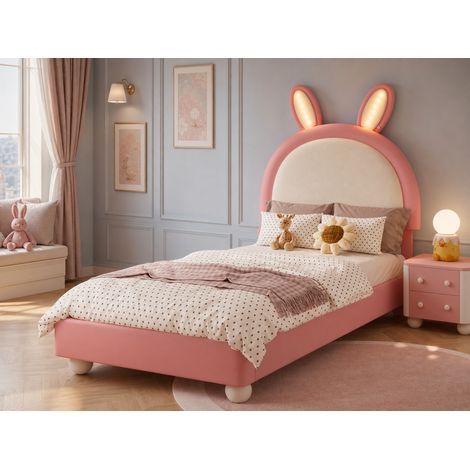 DESMIU Lit enfant 90 × 200 cm avec LED, tête de lit lapin, sans matelas, en PU, rose (1/5)