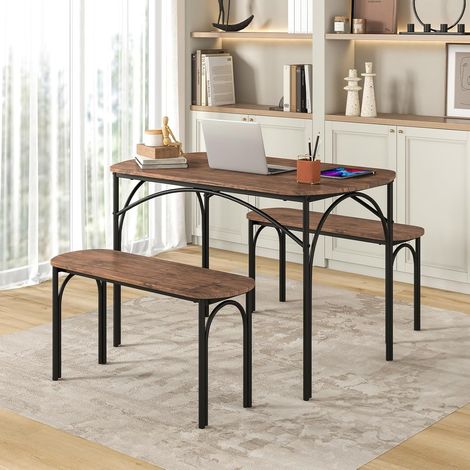 120cm Space Saving Kitchen table set 3-Piece Dining Table Set w/ Wooden Table & 2 Benches (1/5)