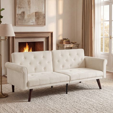 Canapé convertible 2 places en velours beige, canapé-lit avec design moderne (1/5)