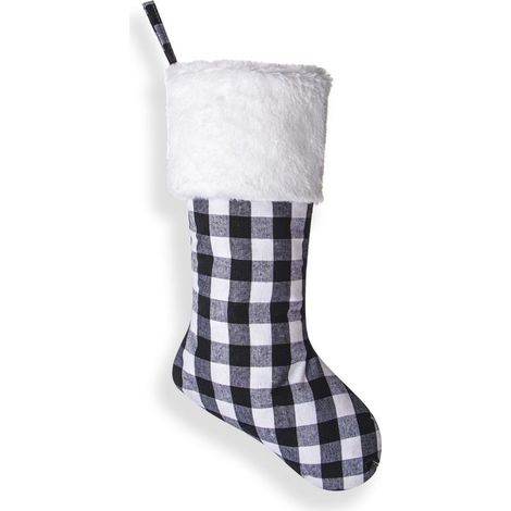 Lot de 2 bas de Noël à suspendre pour cheminée, 46 cm, en fourrure, à carreaux, décoration de Noël (blanc et noir) (1/5)