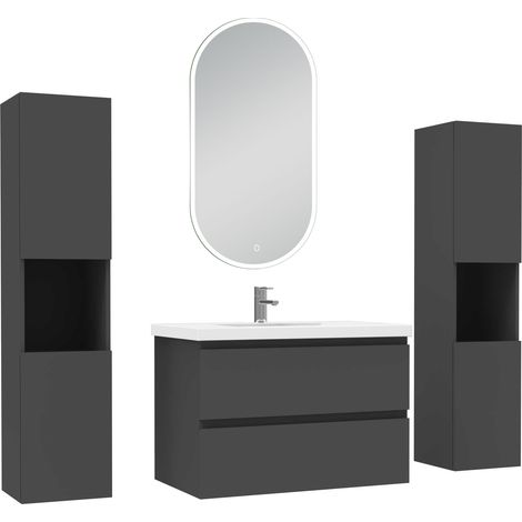 Ocean ensemble meubles Salle de Bain 80cm colonne + vasque + miroir lumineux Anthracite
