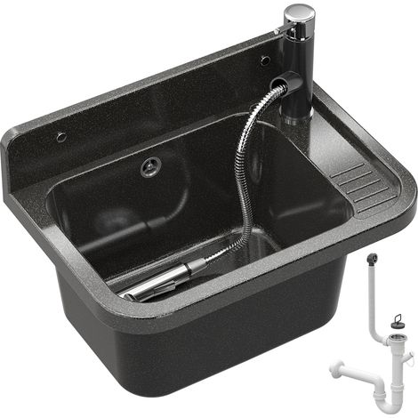 Évier de service Granitan Paron noir avec robinetterie et siphon – idéal pour buanderie, chaufferie, garage, atelier. (1/5)