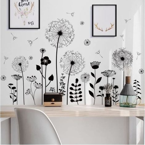 (Noir)Stickers muraux fleurs de pissenlit noir plantes autocollant sticker mural pour salon chambre cuisine bureau enfant chambre Déco (1/4)