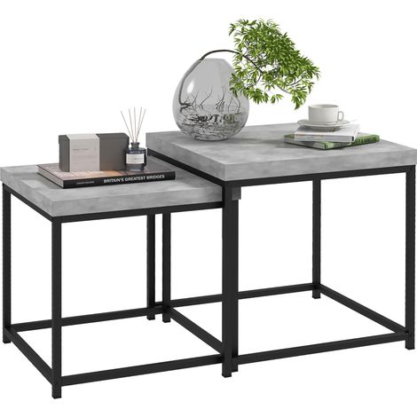 Lot de 2 tables gigognes tables basses carrées tables de salon cadre en acier et plateaux en bois gris