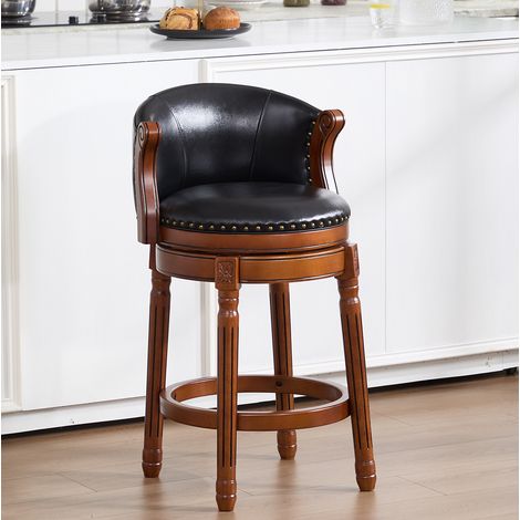 Barhocker mit Rückenlehne, 360° drehbar, aus Echtleder und Holz, schwarz (1/5)