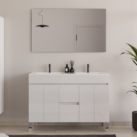 Meuble de salle de bain 120cm double vasque avec portes et tiroirs - blanc - HARO (1/5)