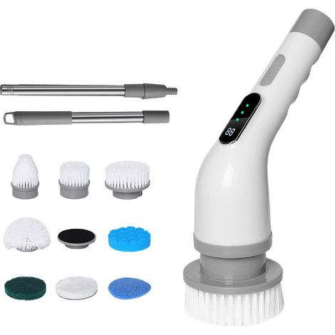 Brosse de nettoyage sans fil, brosse de nettoyage rotative motorisée, 9 têtes de brosse interchangeables, grise