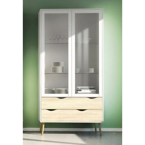Vetrina per soggiorno bianco opaco e rovere con due ante e quattro cassetti 200 cm - Gladiolo (1/4)
