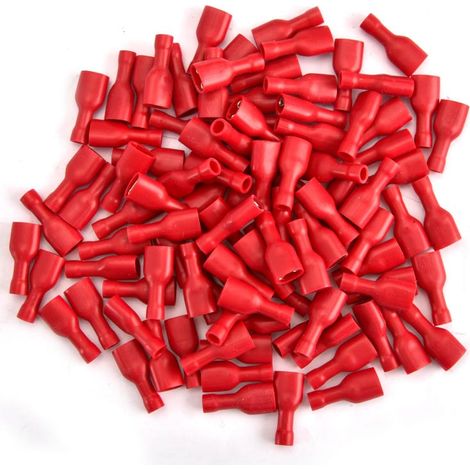 Confezione da 100 terminali femmina a sgancio rapido in vinile completamente isolati, 6,3 x 0,8 mm per cavi da 0,5-1,5 mm² (22-16 AWG), rossi