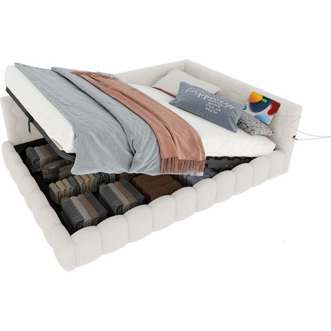 Sofá cama 140x200 cm tapizado en terciopelo, con LED multicolor, almacenamiento hidráulico, USB y USB-C, blanco, ideal para espacios pequeños  CHICFURN (1/5)