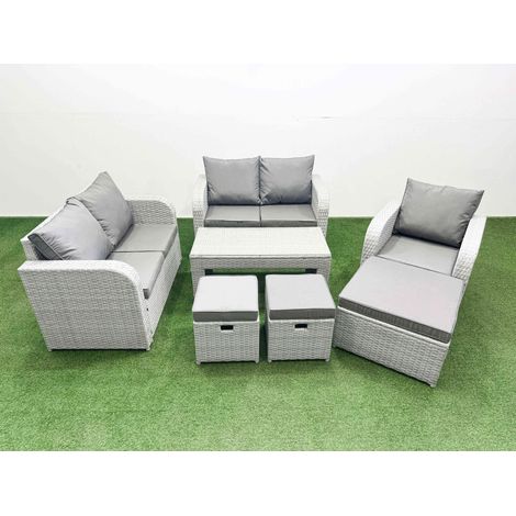 Fimous High Back Poly Rattan Garden Furniture Set with Reclining Chair Loveseat Sofa Oblong Coffee Table Indoor Outdoor Patio Set 3 Stools Light Grey (1/4)