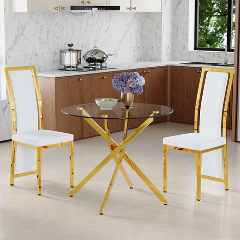 Ensemble table et chaises salle à manger : table 88 cm verre trempé cadre métal doré croix + 2 chaises minimalistes blanches PU garniture dorée (1/4)