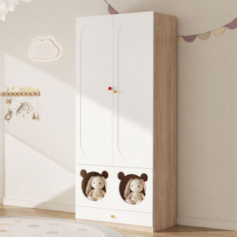 Armoire enfant 2 portes - Design ours - Contraste bois blanc - Tringle à vêtements en métal - Tiroirs de rangement (1/5)