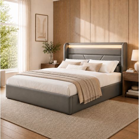 Cama doble con almacenaje LED gris y mando OKMYHOME (1/5)