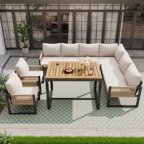 Salon de jardin modulable 7-8 personnes avec canapés et table 95cm, dossier tressé main, coussins, tissu polyester résistant extérieur, Métal+polyester,Beige (1/5)