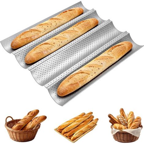 Plaque de cuisson pour 4 baguettes – Antiadhésive – 33x38,5x2,2 cm – Argent – Pain français (1/5)