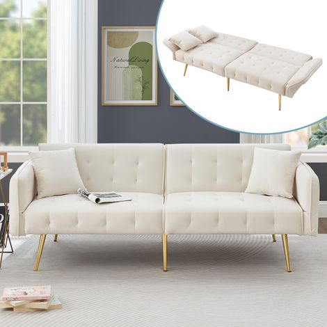 Canapé convertible en velours 2 personnes avec dossier et accoudoirs réglables, canapé pour salon chambre, 178×82×70cm, blanc (1/5)