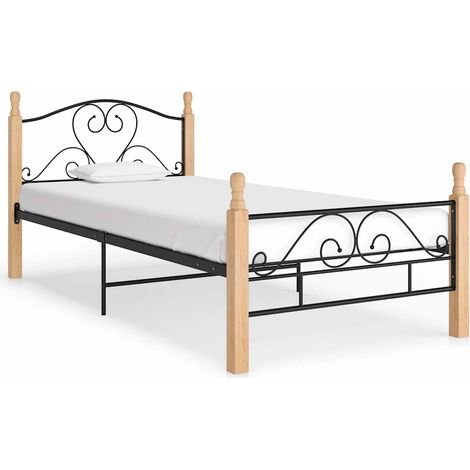 Cadre de lit 90 x 200 cm sans matelas en métal et chêne massif noir et naturel - PANGIVO (1/5)