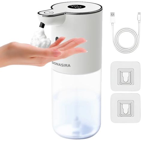(P18S Blanc-Mousse) Distributeur de savon portable 380 ml avec écran HD sans contact, contrôle mousse/liquide réglable sur 6 niveaux, capteur intelligent et flacon de shampoing. (1/5)