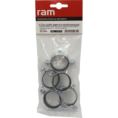 Sachet de 5 colliers simple isophonique métallique pour tube Ø32 - RAM (1/2)