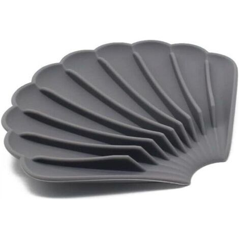 Porte-savon auto-drainant en silicone gris, coquille avec couvercle antidérapant, 9 bandes anti-glissement. (1/4)