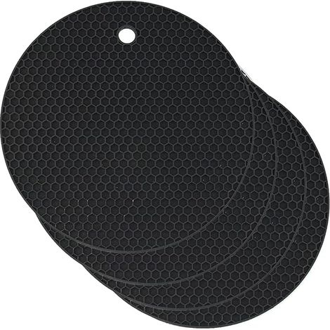 Dessous de plat circulaire en silicone, tapis isolant thermique pour plats chauds, sous-plat multifonctionnel en silicone alvéolaire, dessous de plat antidérapant, lot de 4, noir (1/5)