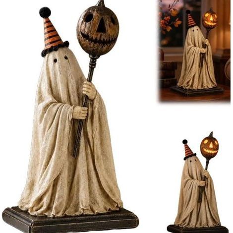 Halloween Decoration – LED Ghost Figure with Light-Up Pumpkin – Vintage Halloween – Resin Tabletop Figurine for Table, Cabinet, Mantel, and Bookshelf (1/5)