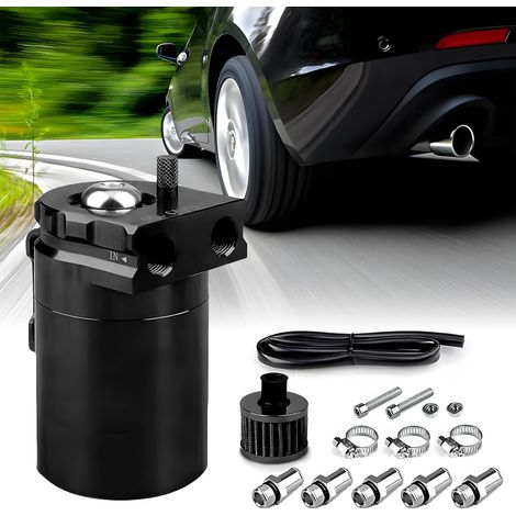 Oil Catch Can Auto, 300ml Aluminium Voiture Réservoir, Universel Séparateur Bidon Huile Voiture Air Filtre avec Filtre à Air, Tuyau et Autres Accessoires (Noir) (1/5)