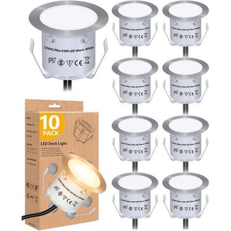 Lot de 10 spots LED encastrables Luxora pour terrasse – Blanc chaud, basse tension 12 V, étanche IP67, éclairage extérieur pour escalier, jardin, patio, terrasse