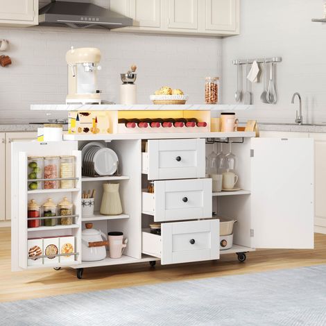 Modernluxe - Îlot central de cuisine avec table rabattable, LED, 2 portes et 3 tiroirs, porte-verres, roulettes - blanc (1/5)