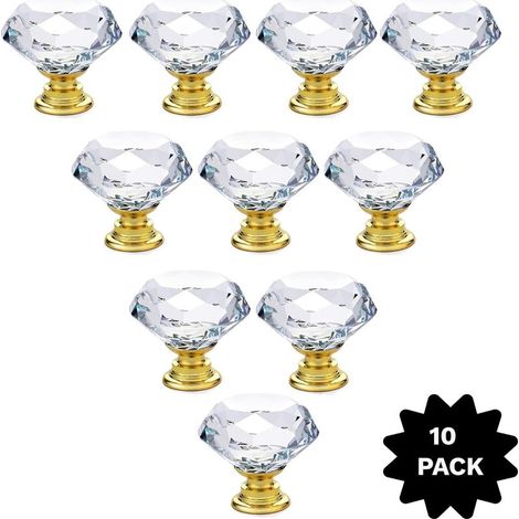 Lot de 10 boutons en cristal doré – Poignées de tiroir élégantes en verre transparent pour placards, commodes et meubles-lavabos (1/5)