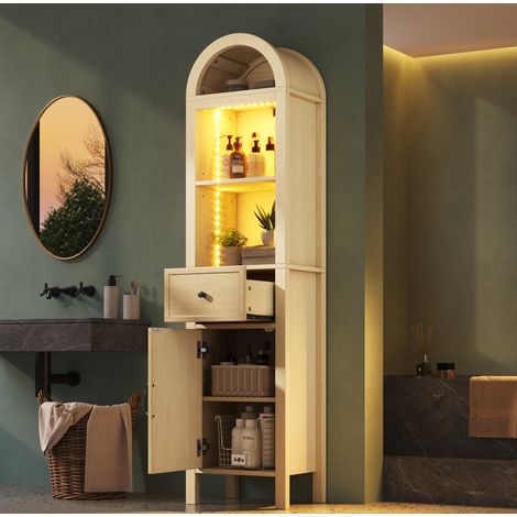 Columna de baño 40x30x163 cm de MDF color madera natural con LED y almacenaje – MEUBLIV (1/5)