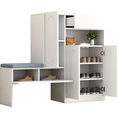 Banc Chaussures 2-en-1 Blanc, Portes Cintrées Soft-close, Étagères Réglables 130×35×110 Cm (1/5)