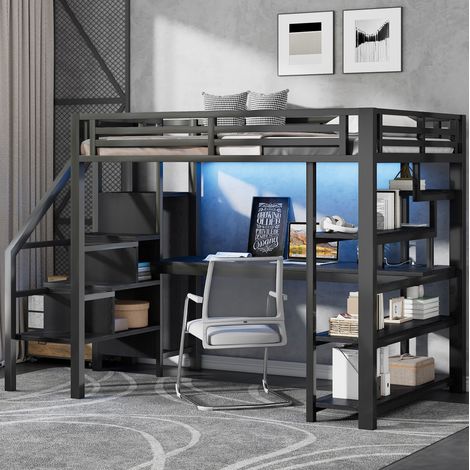 Cama alta juvenil con escritorio armario LED negro hogar HAVRYA (1/5)