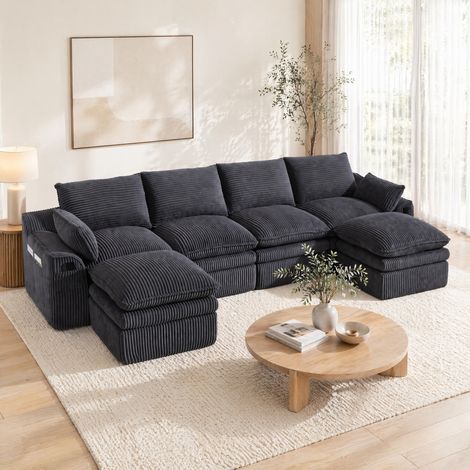 Sofá modular 335x167x85 cm de pana gris oscuro con 2 pufs para salón – MEUBLIV (1/5)