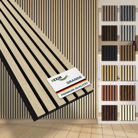 HEXIM Akustikpaneele 280x30cm Wandpaneele Grande Lamellen MDF Holz 0,85m² XXL Echtholzfurnier Wand 21mm Filz (1 Musterstück, Light Oak) (1/5)