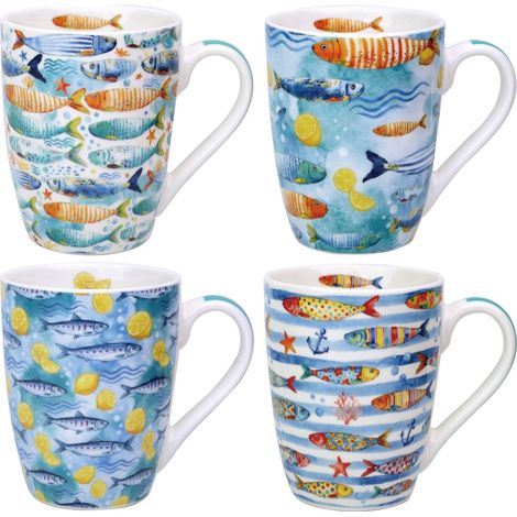 Set de 4 tazas de porcelana con peces azules marinos 12 cm