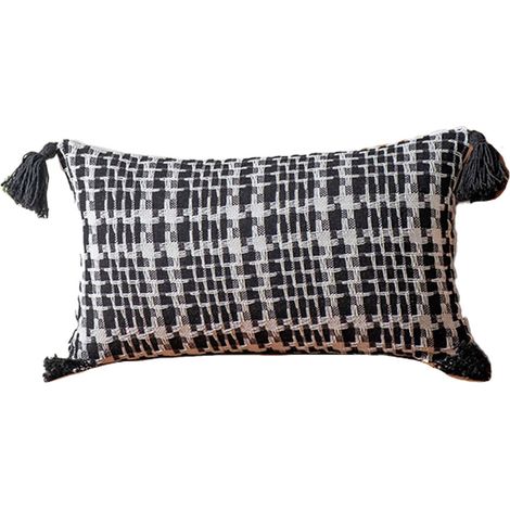 Taie d'oreiller tissée géométrique avec pompons rectangulaires, convenant à de nombreux endroits (1/4)