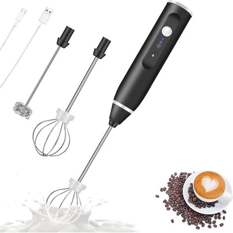 Wiederaufladbarer, tragbarer elektrischer Milchaufschäumer mit 2 Edelstahl-Schneebesen und einem Mini-Mixer mit 3 einstellbaren Geschwindigkeitsstufen - Crezuo