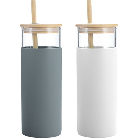 vasos de vidrio, botella de agua de vidrio con pajita, tapa protectora de silicona y tapa de bambú, libre de BPA. (1/5)