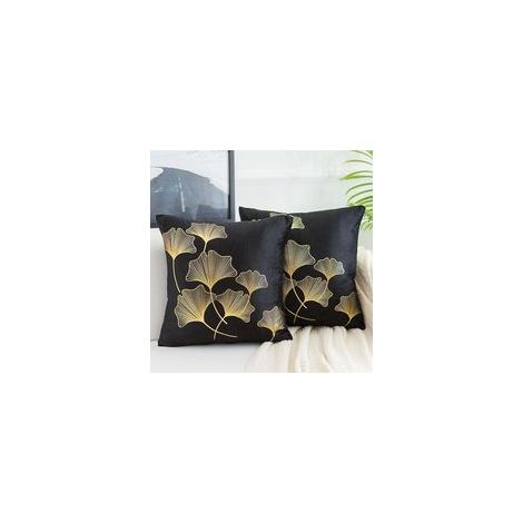 Housse de Coussin 45x45cm Flanelle Noire avec Feuilles de Ginkgo Dorées, Douce et Élégante, Lot de 2 pour Canapé et Chambre
