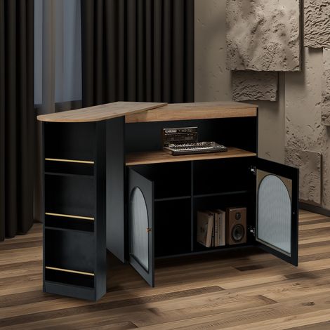 URBAN MEUBLE Console rétractable rotative noire au design minimaliste avec espace de rangement et bande lumineuse LED à couleur réglable (1/5)